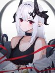  1girl absurdres arknights bare_shoulders black_collar black_sports_bra bodysuit breasts cleavage collar collarbone demon_horns ear_piercing grey_hair hair_ornament highres horns infection_monitor_(arknights) l_eri large_breasts long_hair looking_at_viewer mudrock_(arknights) navel open_bodysuit oripathy_lesion_(arknights) piercing pointy_ears red_eyes simple_background solo sports_bra upper_body white_background white_bodysuit 
