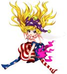  1girl american_flag_dress american_flag_legwear bangs blonde_hair blush capelet clownpiece dress fairy_wings fire harukawa_moe_(style) hat highres holding holding_torch jester_cap keiki8296 legacy_of_lunatic_kingdom long_hair neck_ruff no_shoes pantyhose polka_dot polka_dot_headwear pom_pom_(clothes) purple_eyes purple_fire purple_headwear simple_background star_(symbol) star_print striped striped_dress tongue tongue_out torch touhou v-shaped_eyebrows very_long_hair white_background white_capelet wings 