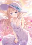  1girl blonde_hair blue_eyes breasts cloud cloudy_sky cowboy_shot dress eyebrows_visible_through_hair hand_up hat highres holding holding_clothes holding_dress liuliu looking_at_viewer medium_breasts ocean outdoors purple_eyes sky smile solo white_dress wristband 