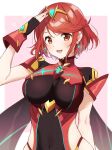  1girl bangs black_gloves breasts chest_jewel earrings fingerless_gloves gem gloves headpiece highres jewelry large_breasts pyra_(xenoblade) red_eyes red_hair sephikowa short_hair solo swept_bangs tiara xenoblade_chronicles_(series) xenoblade_chronicles_2 