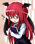  1girl :o artist_request bat_wings bespectacled black_skirt black_vest book book_hug bookshelf chibi collared_shirt commentary_request cowboy_shot crescent dot_nose dress_shirt glasses hair_between_eyes head_wings highres holding holding_book knife koakuma long_hair long_sleeves looking_at_viewer looking_to_the_side necktie object_hug red-framed_eyewear red_eyes red_hair red_necktie semi-rimless_eyewear shirt sidelocks skirt skirt_set solo touhou v-shaped_eyebrows very_long_hair vest white_shirt wings 