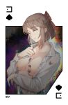  1girl absurdres artist_name breasts brown_hair card cleavage closed_eyes closed_mouth eyebrows_visible_through_hair guardian_tales hair_ribbon happy highres innkeeper_loraine medium_breasts medium_hair nmpa4328 no_bra red_ribbon ribbon shirt spade_(shape) upper_body white_shirt 