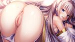  1girl :d anus ass bed_sheet blush breast_press breasts censored clothes_down deep_one_kyomu_to_mugen_no_fragment erica_(deep_one) game_cg hair_intakes long_hair looking_at_viewer looking_back medium_breasts mosaic_censoring nipples non-web_source panties panty_pull pillow purple_eyes pussy shiny shiny_hair smile solo stained_panties underwear very_long_hair white_hair white_panties 