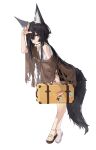  1girl absurdres animal_ear_fluff animal_ears arm_up bare_legs bare_shoulders black_hair brown_footwear chino_(user_zdyd2447) closed_mouth from_side full_body highres holding holding_suitcase leaning_forward long_hair looking_at_viewer looking_to_the_side off_shoulder original purple_eyes sandals shirt smile solo suitcase tail very_long_hair white_shirt wolf_ears wolf_girl wolf_tail 