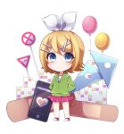  balloon bandaid blonde_hair blue_eyes bow cellphone chibi closed_mouth commentary_request green_hoodie hair_bow hair_ornament hairclip hands_in_pockets hood hoodie kagamine_rin looking_at_viewer melancholic_(vocaloid) melancholy_(module) omachi_mozu phone pink_footwear pink_skirt project_diva_(series) road_sign ruler set_square shoes sign skirt smartphone sneakers stop_sign vocaloid white_bow yield_sign 