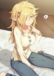  &lt;3 2020 absurd_res barefoot blonde_hair bottomwear breasts clothed clothing collarbone elf erect_nipples_under_clothes eyebrow_through_hair eyebrows feet female fully_clothed ginpanishi hair hair_over_eye hi_res humanoid humanoid_pointy_ears interspecies_reviewers mammal nipple_outline not_furry one_eye_obstructed open_mouth pants solo speech_bubble tongue translucent translucent_hair yellow_eyelashes zel_(interspecies_reviewers) 