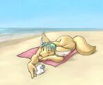  ambiguous_gender anthro beach blue_hair brown_body brown_fur canid canine ear_piercing fennec fox fur hair mammal nude one_eye_closed piercing sand sea seaside solo tongue tongue_out towel unknown_artist water wink 