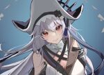  1girl arknights bangs bare_shoulders blue_background breasts ccclann cleavage cleavage_cutout closed_mouth clothing_cutout eyebrows_visible_through_hair gradient gradient_background grey_hair large_breasts long_hair looking_at_viewer red_eyes shoulder_strap solo specter_(arknights) specter_the_unchained_(arknights) upper_body v-shaped_eyebrows very_long_hair white_headwear 