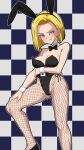  1girl android_18 animal_ears bare_shoulders black_leotard blonde_hair breasts cleavage detached_collar dragon_ball dragon_ball_z earrings fake_animal_ears fishnet_legwear fishnets jewelry leotard looking_at_viewer ome_(mercury_cigarette) pantyhose playboy_bunny rabbit_ears short_hair solo strapless strapless_leotard wrist_cuffs 