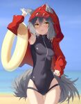  1girl absurdres animal_ears arknights arm_up armpits beach black_swimsuit blue_sky blush breasts casual_one-piece_swimsuit covered_navel cowboy_shot day ears_through_headwear eyebrows_visible_through_hair grey_hair highres hood hood_up hooded_jacket innertube jacket long_sleeves looking_at_viewer ocean official_alternate_costume one-piece_swimsuit open_mouth outdoors projekt_red_(arknights) projekt_red_(light_breeze)_(arknights) pu_ht red_jacket short_hair sky small_breasts solo swimsuit tail thigh_gap unzipped v-shaped_eyebrows wolf_ears wolf_girl wolf_tail yellow_eyes 