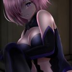  1girl black_gloves black_legwear black_leotard breasts cleavage cleavage_cutout clenched_teeth clothing_cutout covering covering_breasts elbow_gloves fate/grand_order fate_(series) gloves hair_over_one_eye leotard looking_at_viewer mash_kyrielight medium_breasts medium_hair pink_hair purple_eyes purple_gloves purple_legwear sitting solo stomach_cutout straight_hair teeth thighhighs two-tone_gloves two-tone_legwear yadokari_genpachirou 