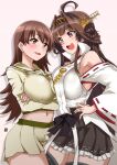  2girls :d ahoge aoi_manabu armpits bare_shoulders breast_press breasts brown_eyes brown_hair cowboy_shot crossed_arms double_bun gradient gradient_background headgear jewelry kantai_collection kongou_(kancolle) kongou_kai_ni_(kancolle) large_breasts long_hair looking_at_another midriff multiple_girls navel nontraditional_miko ooi_(kancolle) ooi_kai_ni_(kancolle) open_mouth pleated_skirt ring sailor_collar school_uniform serafuku skirt smile solo sweat thick_thighs thighhighs thighs uniform wedding_band zettai_ryouiki 
