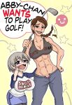  2girls 3: abby_(the_last_of_us) abs absurdres blue_eyes braid breasts english_commentary english_text fang golf_club grey_eyes highres holding koheiya2 laughing multiple_girls muscular muscular_female open_fly panties pants panty_peek short_hair speech_bubble sports_bra sugoi_dekai the_last_of_us the_last_of_us_2 underwear uzaki-chan_wa_asobitai! uzaki_hana white_hair 