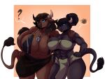  2022 5_fingers abs anthro athletic athletic_anthro athletic_female bandeau big_breasts black_body black_fur black_hair blue_eyes bottomwear bovid bovine bra breast_squish breasts breasts_frottage brown_body brown_fur brown_hair cleavage clothed clothing digit_ring duo eleutheria_avarta european_mythology female finger_ring fingers fur greek_mythology hair hand_on_shoulder horn humanoid_hands jealous jewelry karakylia loincloth mammal minotaur mythology navel necklace nihea_avarta question_mark ring sibling sister sisters smile squish topwear underwear wedding_ring 