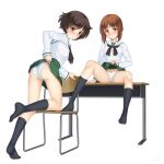  2girls absurdres akiyama_yukari ass blush breasts brown_eyes brown_hair cameltoe clothes_lift desk girls_und_panzer green_skirt highres lifted_by_self looking_at_viewer miniskirt multiple_girls nishizumi_miho ooarai_school_uniform open_mouth panties pleated_skirt sainohikari school_desk school_uniform shiny shiny_hair short_hair simple_background skirt skirt_lift small_breasts underwear white_background white_panties 