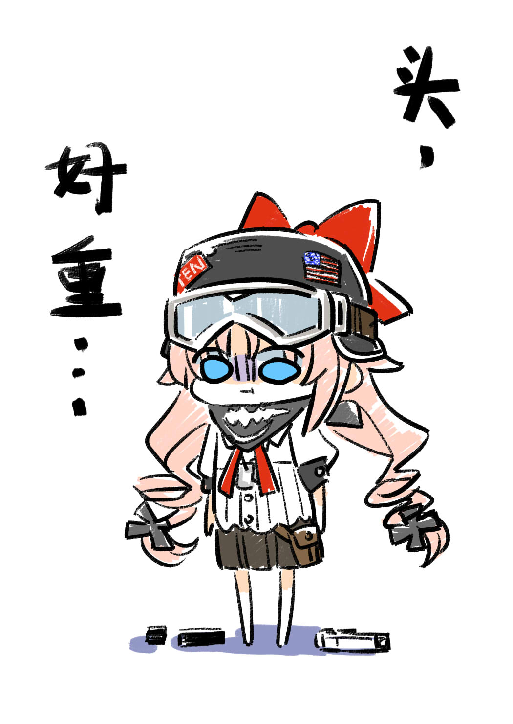 1girl :t american_flag bandana bandana_around_neck black_bandana black_headwear black_skirt blue_eyes bow bren_ten bren_ten_(girls'_frontline) brown_bag chibi chibi_only chinese_commentary chinese_text closed_mouth commentary_request full_body girls'_frontline gloom_(expression) goggles goggles_on_headwear hair_ornament hat hat_bow helmet highres long_hair pink_hair pleated_skirt pouch pout red_bow shirt short_sleeves simple_background skirt solo standing sticker su_xiao_jei translation_request twintails weapon_on_floor white_background white_shirt x_hair_ornament