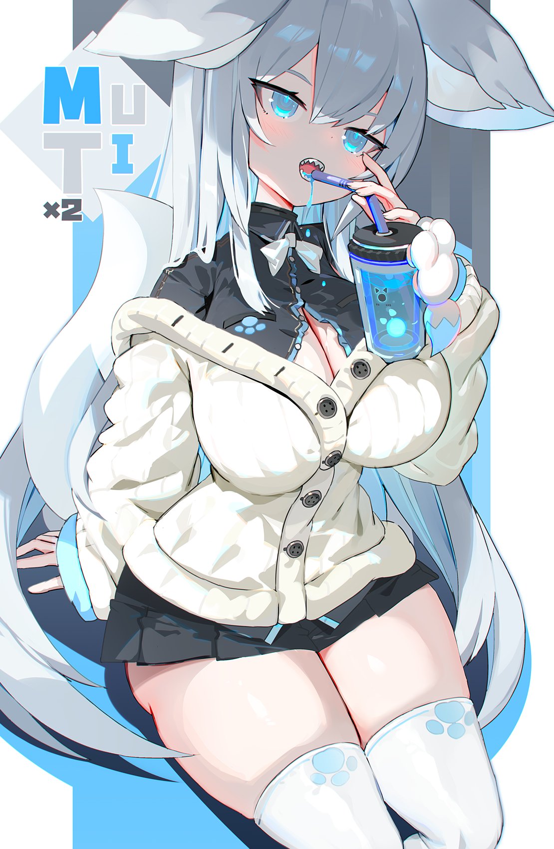 1girl animal_ears aqua_eyes arm_support black_shirt black_skirt bow bowtie breasts buttons cardigan cleavage cup drinking fox_ears fox_girl fox_tail hair_between_eyes highres holding holding_cup large_breasts mamuru microskirt open_clothes open_mouth open_shirt original partially_unbuttoned paw_print pleated_skirt sharp_teeth shirt sitting skirt solo spilling tail teeth thighhighs thighs traditional_bowtie white_bow white_bowtie white_cardigan white_hair white_thighhighs wing_collar