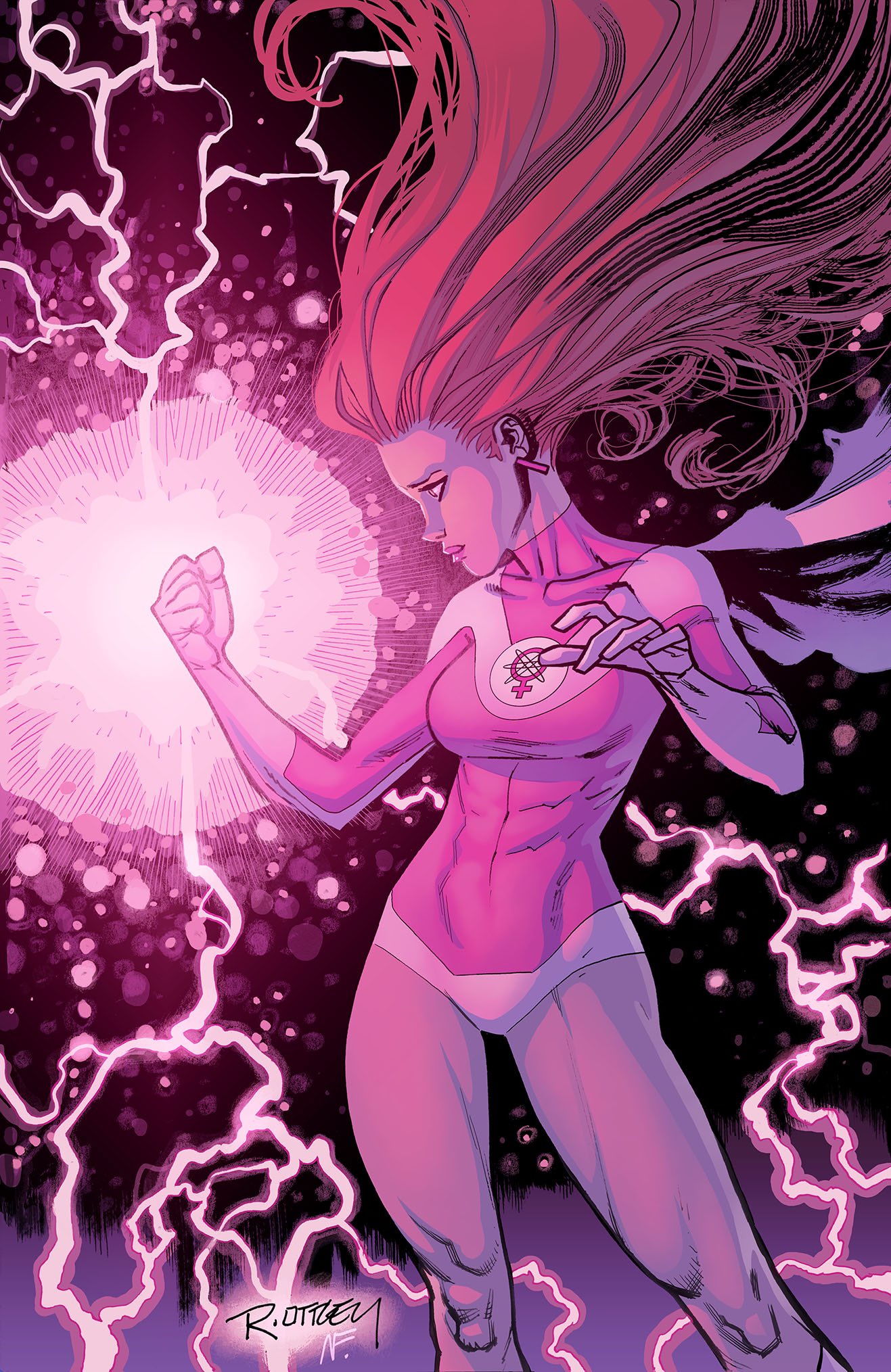 1girl atom_eve breasts cape clenched_hand commentary contrapposto covered_abs earrings electricity energy english_commentary highres invincible_(series) jewelry leotard long_hair medium_breasts pink_leotard profile red_hair ryan_ottley samantha_eve_wilkins signature solo turtleneck_leotard