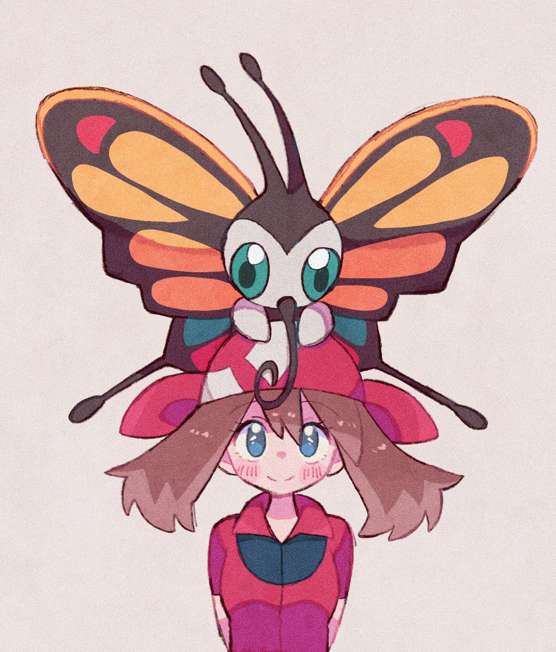 1girl animal_on_head arms_behind_back bandana beautifly blue_eyes blush_stickers brown_hair bug butterfly collared_shirt highres looking_up may_(pokemon) medium_hair mgomurainu on_head pokemon pokemon_(anime) pokemon_(creature) pokemon_on_head pokemon_rse_(anime) red_headwear red_shirt shirt short_sleeves sidelocks smile standing upper_body