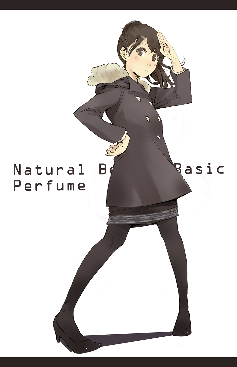 bad_id bad_pixiv_id black_coat black_dress black_footwear black_legwear coat double-breasted dress fashion frown full_body fur-trimmed_coat fur_trim group_name hand_on_hip high_heels highres hood hood_down hooded_coat letterboxed long_sleeves original pantyhose perfume ponytail salute shoes solo standing white_background yoshito
