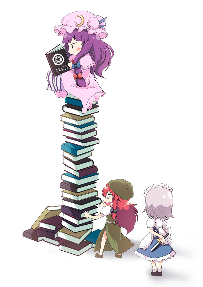 blush book book_stack book_tower bow chibi hair_bow hat hong_meiling izayoi_sakuya knife long_hair maid maid_headdress massala md5_mismatch multiple_girls patchouli_knowledge purple_hair red_hair silver_hair striped touhou