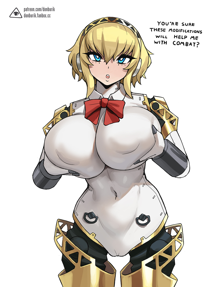 1girl aegis_(persona) alternate_breast_size android artist_logo blonde_hair blue_eyes breasts bright_pupils cameltoe commentary covered_navel covered_nipples donburi_(donburikazoku) english_commentary english_text eyebrows_hidden_by_hair fanbox_username foreshortening grabbing_own_breast hair_between_eyes hairband highres huge_breasts joints legs_apart looking_at_viewer neck_ribbon patreon_username persona persona_3 red_ribbon ribbon robot_joints short_hair sidelocks simple_background solo teeth two-tone_hairband upper_teeth_only web_address white_background white_pupils