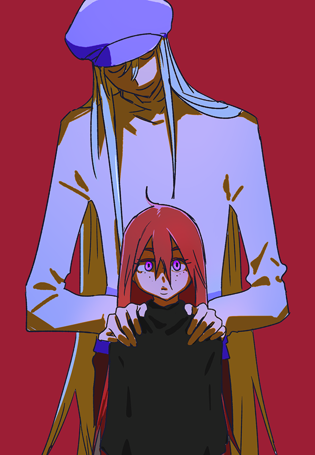 1boy 1girl black_shirt blonde_hair blue_headwear flat_chest freckles grey_hair hair_between_eyes hands_on_another's_shoulders hat height_difference hunter_x_hunter kite_(chimera_ant) kite_(hunter_x_hunter) long_hair long_sleeves looking_at_viewer purple_eyes red_background red_hair saiko67 shirt solo straight-on turtleneck upper_body very_long_hair white_shirt