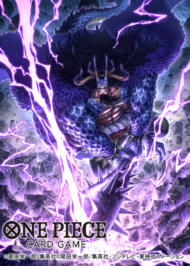 1boy abs alternate_form beard black_hair bracelet clenched_teeth club_(weapon) commentary_request english_text facial_hair holding holding_weapon horns jewelry kaidou_(one_piece) long_hair male_focus mustache official_art one_piece oni oni_horns solo spiked_bracelet spikes tatsuya_(atelier_road) teeth topless_male translation_request weapon