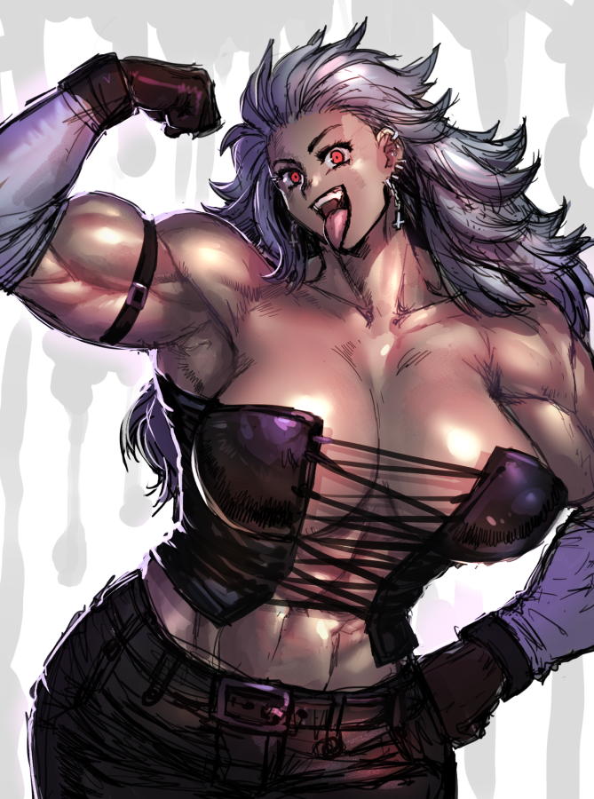 1girl abs arm_up armpits belt breasts corset dorohedoro earrings gloves grey_hair jewelry kisuu muscular muscular_female noi_(dorohedoro) pants red_eyes tongue tongue_out