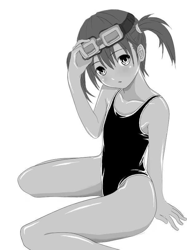 1girl bad_id bad_pixiv_id goggles goggles_on_head greyscale monochrome one-piece_swimsuit original short_hair solo swimsuit twintails