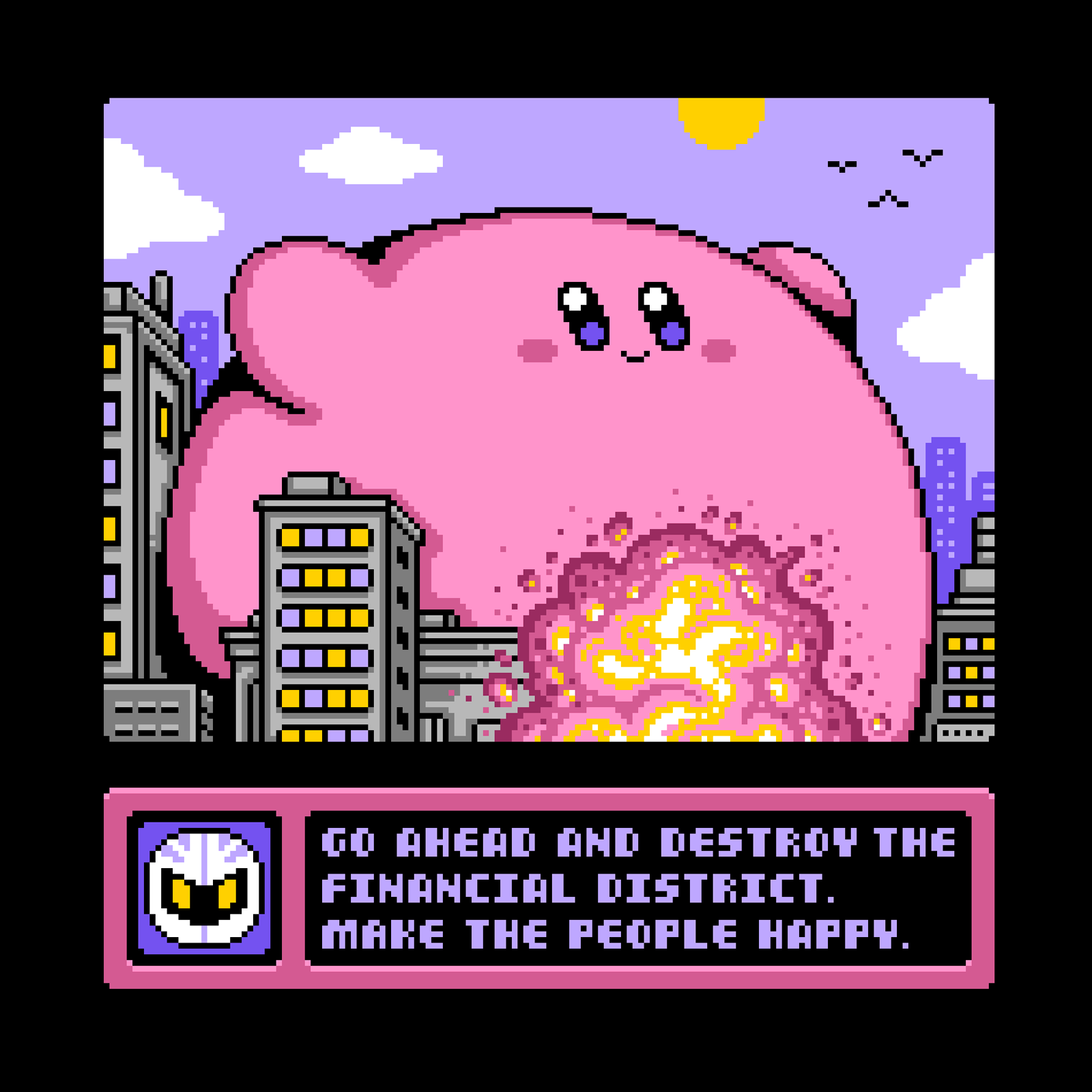 building city cloud commentary drew_wise explosion highres kirby kirby_(series) meta_knight no_humans pixel_art purple_sky sky sun