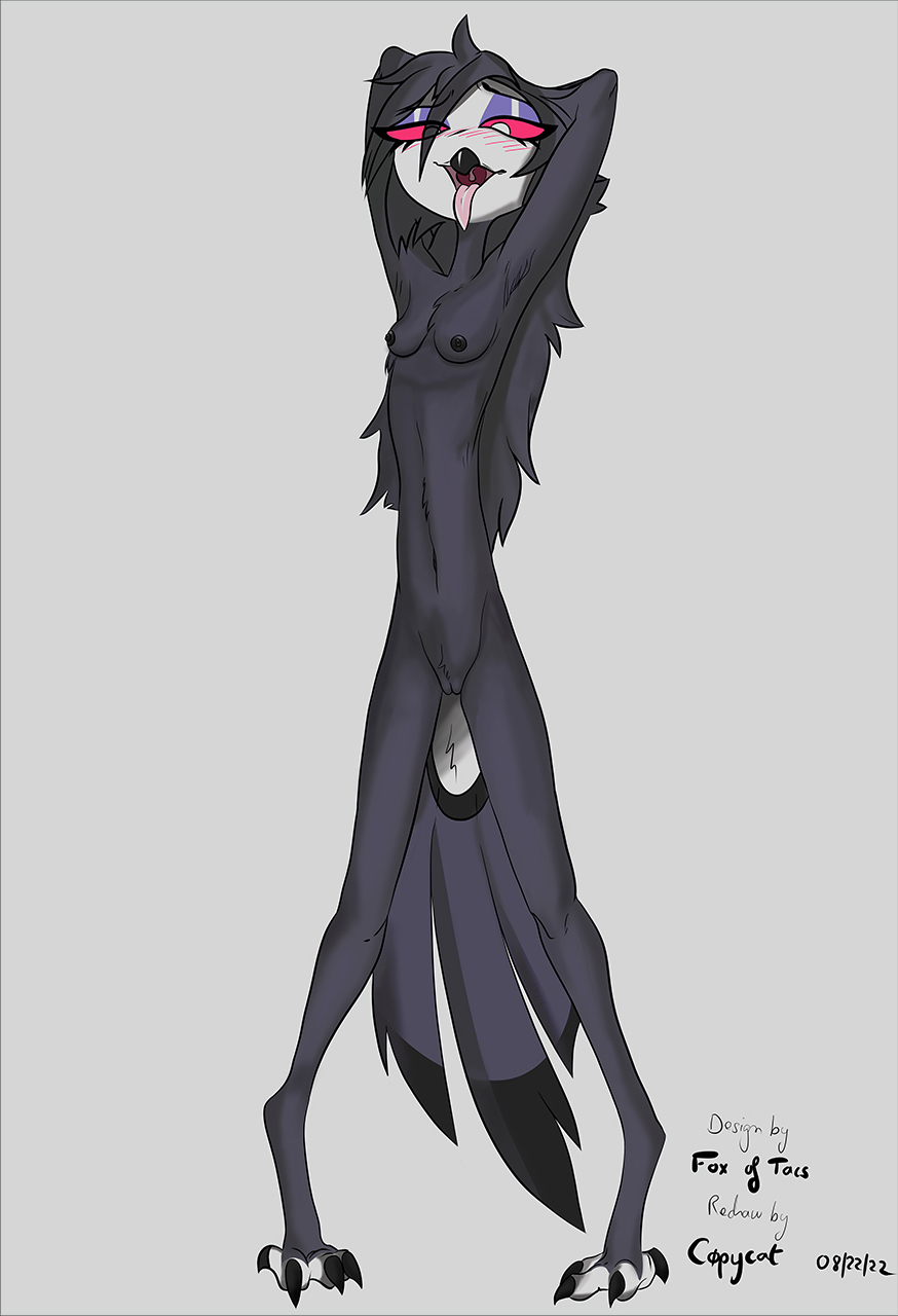 anthro avian beak bird black_body black_feathers black_hair c0pycat feathers feet female feral flat_chested fox_of_tacs hair helluva_boss hi_res humanoid long_hair looking_at_viewer nude octavia_(helluva_boss) open_mouth owl owl_demon pose redraw seductive simple_background small_waist solo talons third-party_edit toes tongue tongue_out uncensored white_eyes