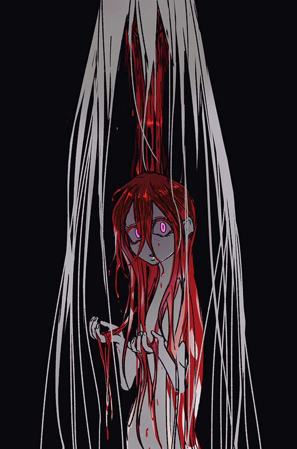 1girl black_background bleeding blood blood_on_body blood_on_face completely_nude from_side glowing glowing_eyes hair_between_eyes hands_in_own_hair hands_up hunter_x_hunter kite_(chimera_ant) kite_(hunter_x_hunter) long_hair looking_at_viewer looking_to_the_side nude pink_eyes red_hair saiko67 simple_background solo_focus very_long_hair white_hair