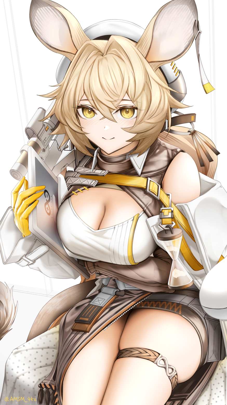 1girl animal_ears arknights bare_shoulders black_skirt blonde_hair breasts cleavage clipboard cowboy_shot dorothy_(arknights) ear_tag gloves hat highres holding holding_clipboard large_breasts miniskirt mouse_ears mouse_girl official_art rhine_lab_logo shirt skindentation skirt solo thighs white_headwear white_shirt yellow_eyes yellow_gloves yokaze_(yokajie)