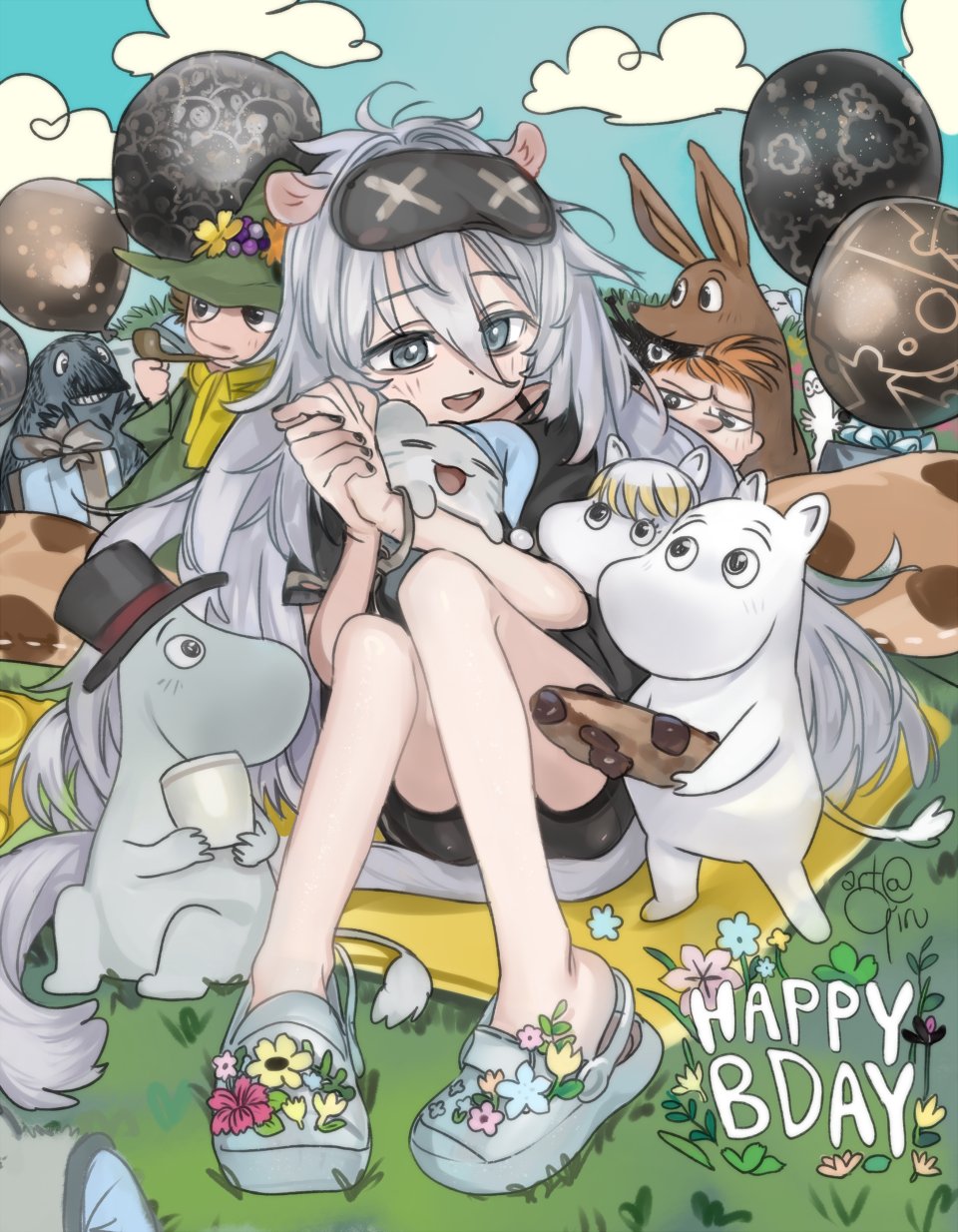 1girl animal_ears bare_legs black_shorts character_request clauvio_(vtuber) commentary english_commentary full_body girutea grey_eyes grey_footwear grey_hair hair_between_eyes happy_birthday highres indie_virtual_youtuber knees_up long_hair looking_at_viewer moomin moomintroll mouse_ears mouse_girl open_mouth short_shorts shorts sitting sleep_mask snufkin very_long_hair virtual_youtuber