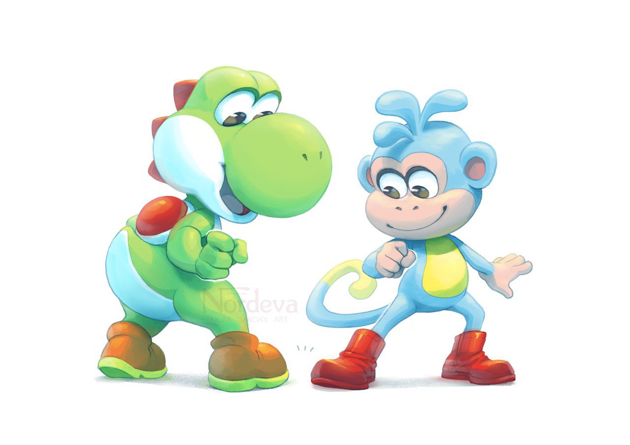 anthro boots boots_(dora_the_explorer) clothing crossover dora_the_explorer duo footwear footwear_only haplorhine male mammal mario_bros monkey mostly_nude nintendo nordeva open_mouth open_smile primate shoes signature simple_background smile white_background yoshi