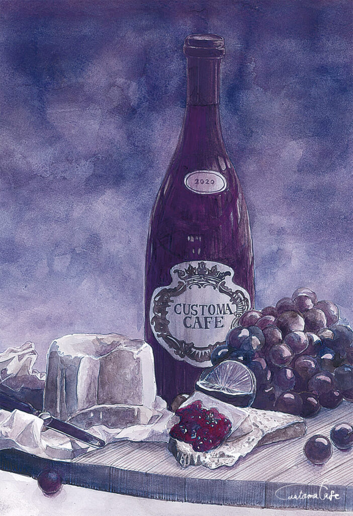 artworksmil bottle cheese food food_focus fruit grapes lime_(fruit) no_humans original painting_(medium) realistic signature still_life table_knife traditional_media wine_bottle