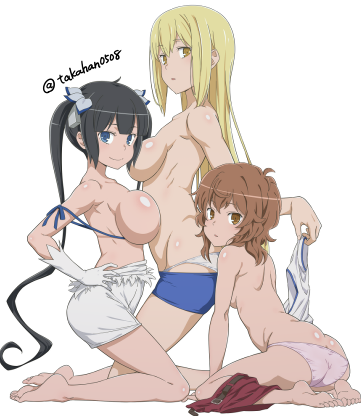 3girls aiz_wallenstein artist_name ass barefoot black_hair blonde_hair blue_eyes blue_shorts bow breast_press breasts commentary_request dungeon_ni_deai_wo_motomeru_no_wa_machigatteiru_darou_ka feet full_body gloves hair_bow hair_ribbon hestia_(danmachi) kneeling large_breasts liliruca_arde long_hair multiple_girls panties parted_lips pink_panties rei_no_himo ribbon shorts shorts_around_one_leg simple_background small_breasts smile soles takahan toes twintails twitter_username underwear underwear_only undressing white_background white_bow white_gloves white_panties white_ribbon