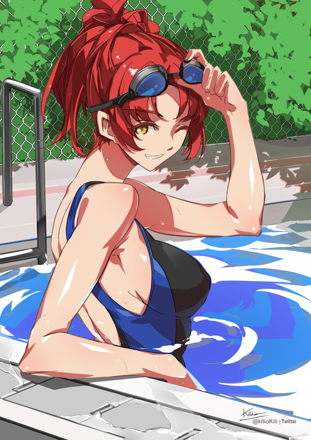 1girl backless_swimsuit black_one-piece_swimsuit breasts bush covered_nipples english_commentary fence goggles goggles_on_head grin highres holding holding_goggles honkai_(series) honkai_impact_3rd kili_kilio long_hair looking_at_viewer murata_himeko one-piece_swimsuit one_eye_closed outdoors pool poolside red_hair signature smile solo swimsuit teeth water yellow_eyes