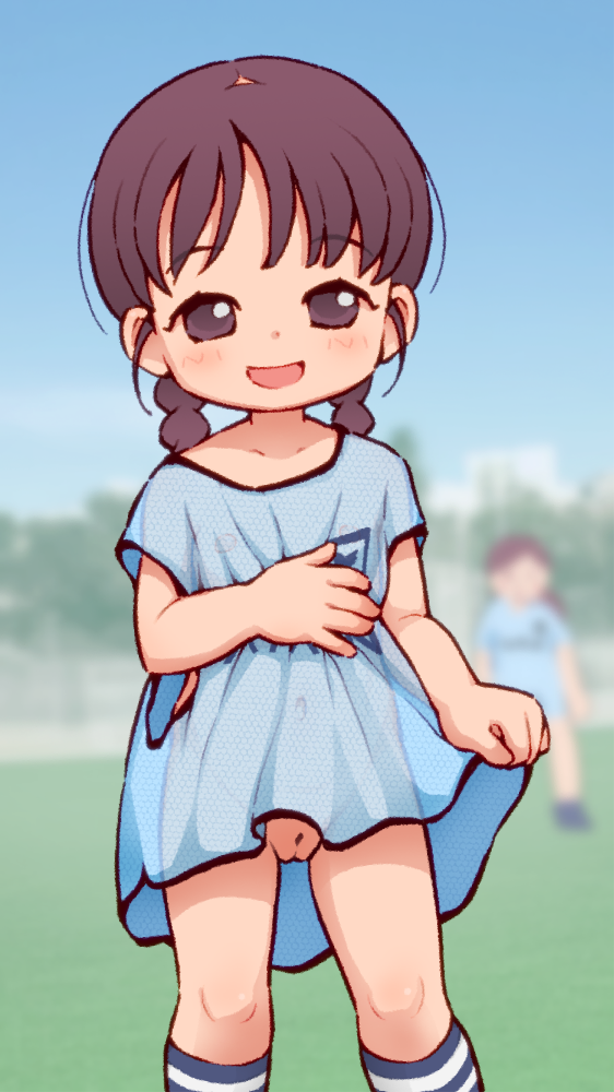 1girl blue_shirt bottomless braid brown_eyes brown_hair hand_on_own_stomach kneehighs lasto long_hair looking_at_viewer low_twintails open_mouth original outdoors pussy shirt short_sleeves smile socks solo striped striped_socks thighs twin_braids twintails