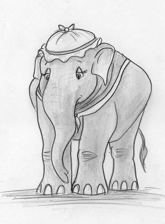 bonnet bulge clothing elephant elephantid female feral hat headgear headwear leovictor looking_down mammal mrs._jumbo paintbrush_tail proboscidean proboscis_(anatomy) shawl solo standing tail trunk_(anatomy)