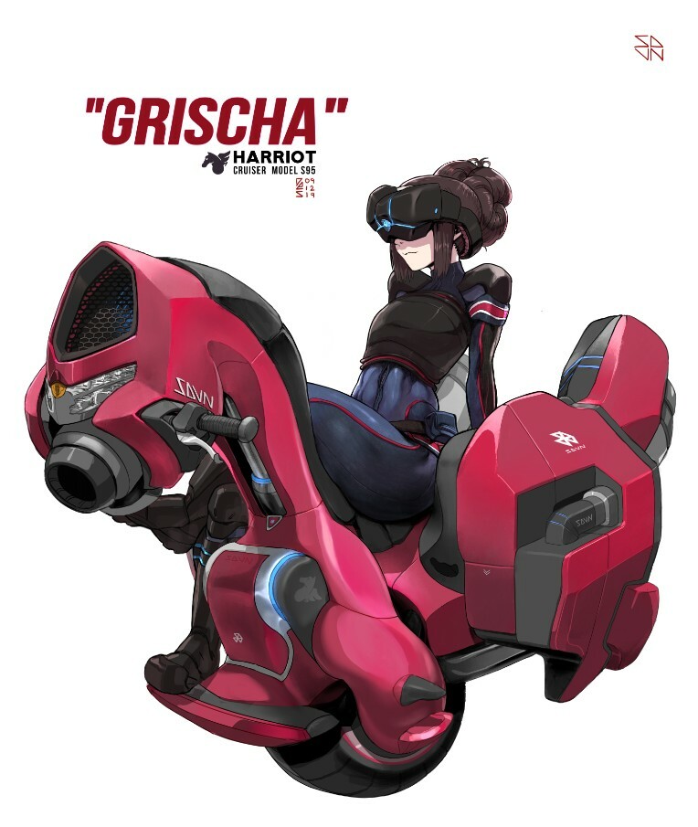 1girl abs arms_at_sides bad_link boots closed_mouth crossed_legs des_(desvitio) english_commentary full_body hair_bun motor_vehicle neck nose on_vehicle original science_fiction shirt signature smile solo thick_thighs thighs vehicle_focus white_background