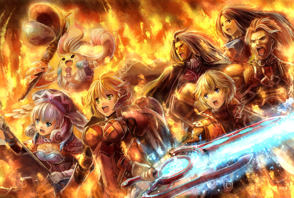 3girls carna curly_hair dunban edobox fiorun fire gameplay_mechanics long_hair melia multiple_boys multiple_girls open_mouth rein_(xenoblade) riki_(xenoblade) short_hair shulk spoilers sword wand weapon xenoblade_(series) xenoblade_1