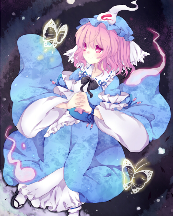 bad_id bad_pixiv_id bug butterfly ghost hands_clasped hat insect japanese_clothes nonaka own_hands_together pink_eyes pink_hair saigyouji_yuyuko short_hair solo touhou