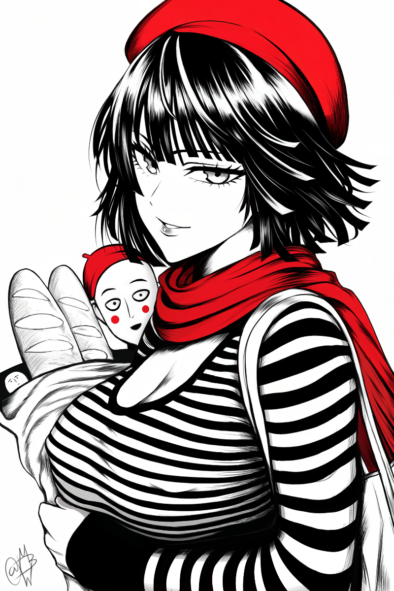 1boy 1girl bag baguette bald beret bread breasts cleavage food fubuki_(one-punch_man) greyscale hat highres large_breasts looking_at_viewer mime monochrome mostlybluewyatt one-punch_man red_headwear red_scarf saitama_(one-punch_man) scarf shirt shopping_bag short_hair shoulder_bag spot_color striped striped_shirt