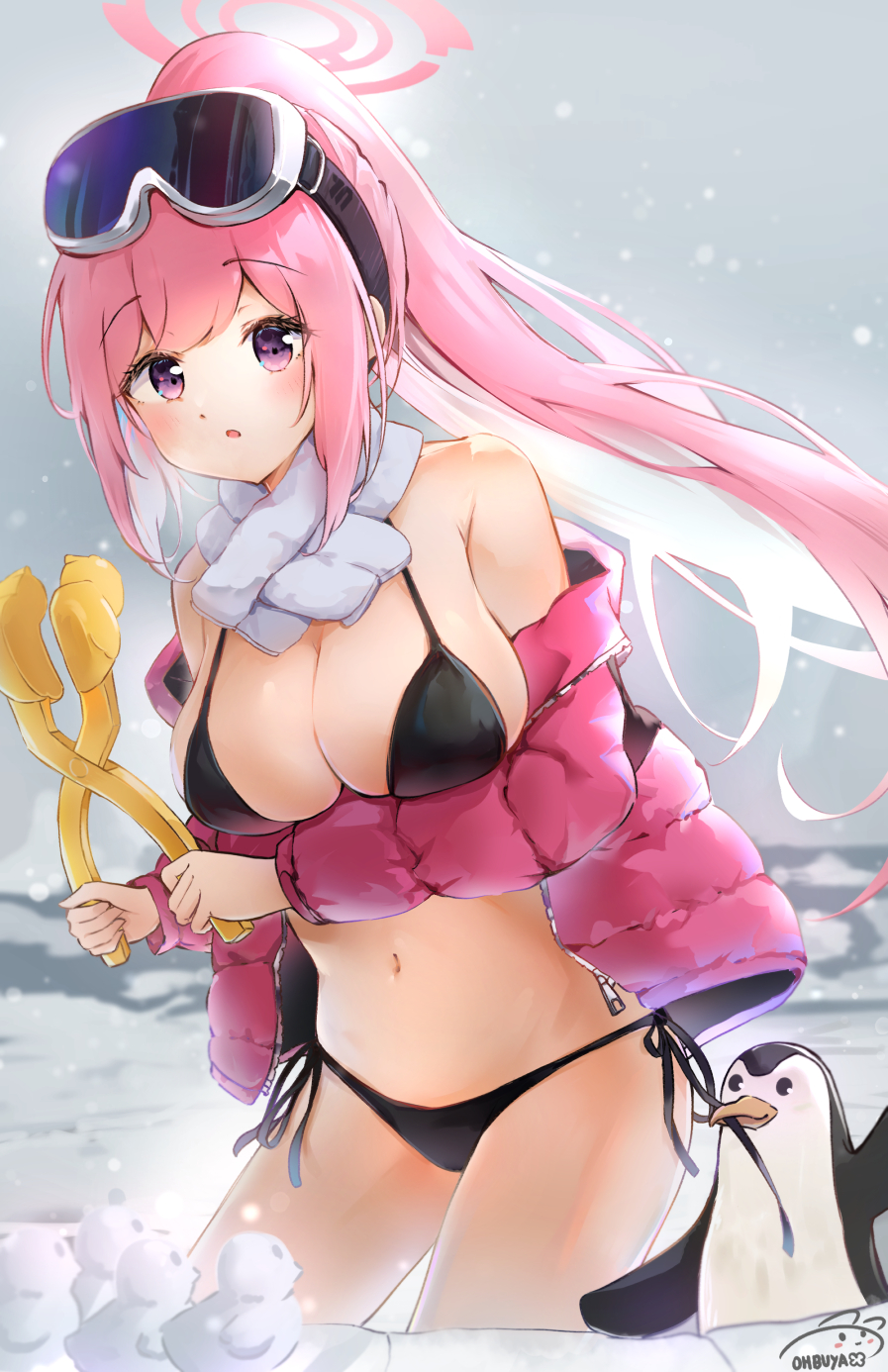 1girl artist_name bikini bird black_bikini blue_archive breasts cleavage eimi_(blue_archive) eimi_(swimsuit)_(blue_archive) glacier goggles goggles_on_head halo high_ponytail highres jacket large_breasts long_hair ohbuya open_clothes open_jacket padded_jacket penguin pink_eyes pink_hair pink_halo pink_jacket scarf signature ski_goggles snow_duck swimsuit thighs white_scarf