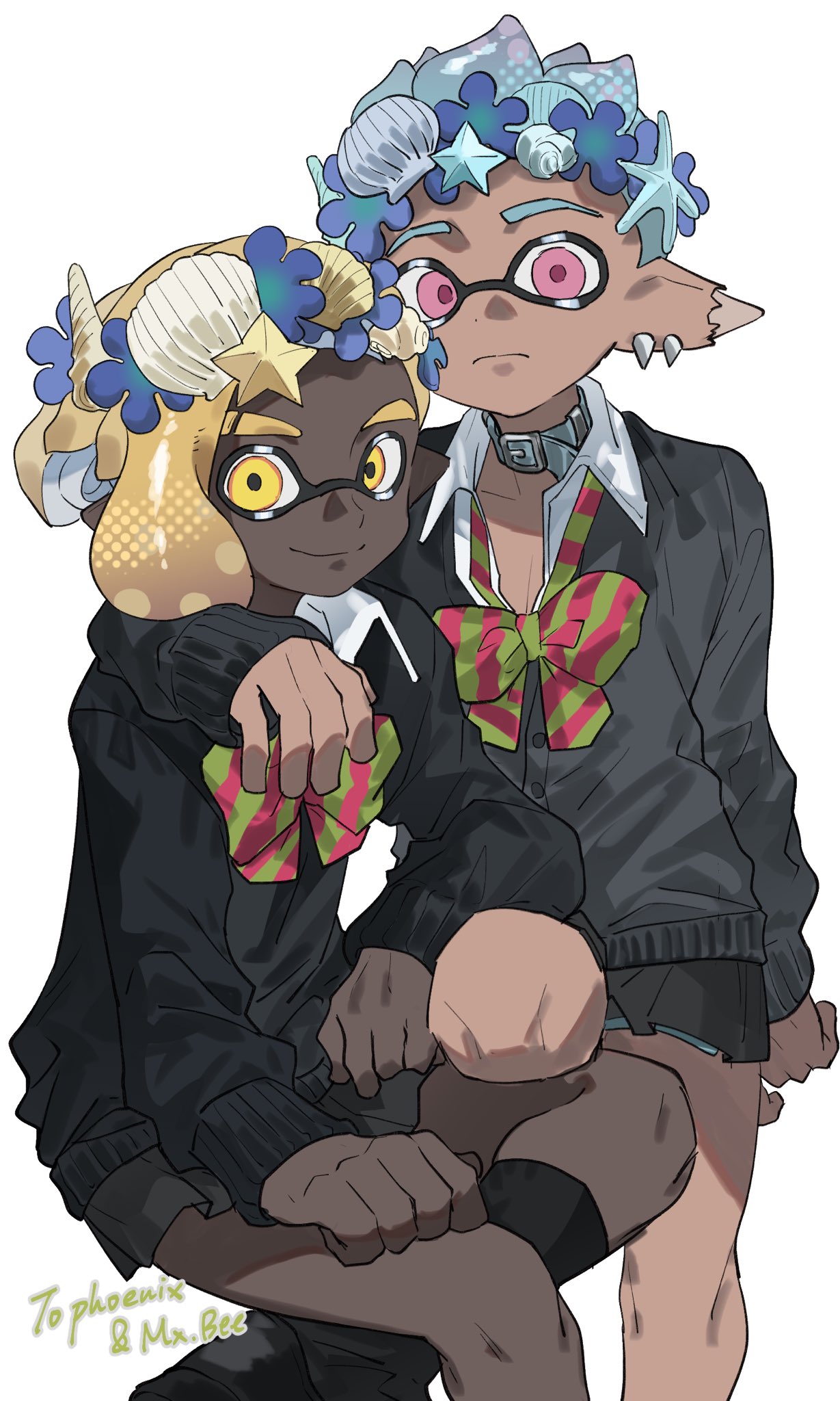 2boys belt_collar black_skirt black_socks black_sweater blonde_hair blue_hair bow bowtie closed_mouth collar commentary_request commission dark-skinned_male dark_skin earrings green_bow green_bowtie hand_around_neck head_wreath highres inkling inkling_boy invisible_chair jewelry kiwi_splatoon male_focus multiple_boys pectoral_cleavage pectorals pink_bow pink_bowtie pink_eyes pleated_skirt pointy_ears short_hair simple_background sitting skirt smile socks splatoon_(series) splatoon_3 standing sweater tentacle_hair two-tone_bowtie white_background white_collar yellow_eyes