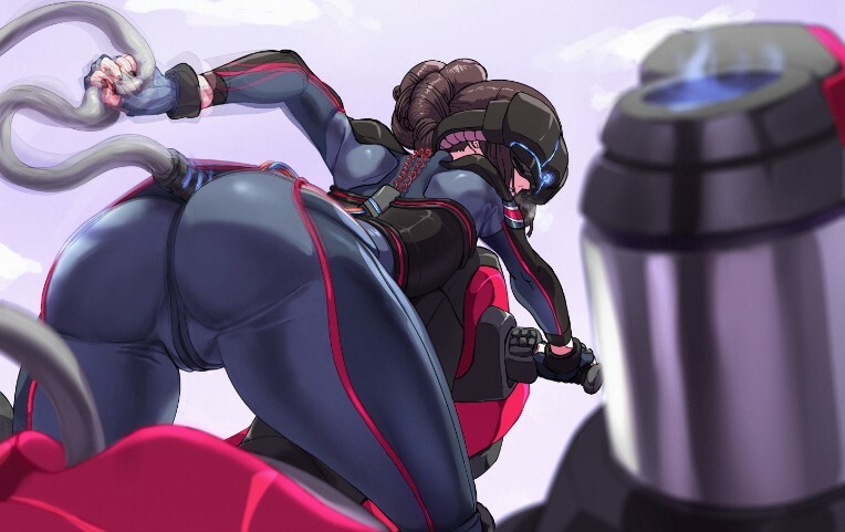 1girl arms_at_sides ass bad_link battlesuit des_(desvitio) fumes hair_bun handle holding mask mechanical_spine motor_vehicle neck nose on_vehicle original science_fiction short_hair sky solo thighs tube wire