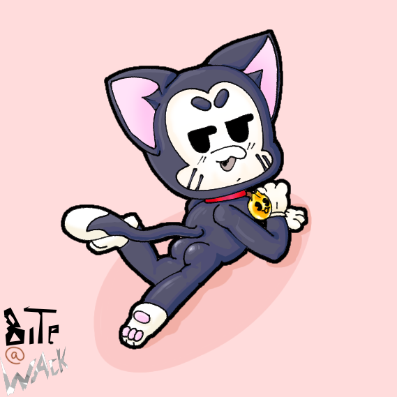 anthro bell bell_collar bitewack black_body black_eyes blush blush_lines brawl_stars butt collar digital_drawing_(artwork) digital_media_(artwork) domestic_cat eyebrows felid feline felis kit_(brawl_stars) male mammal pawpads paws pink_background raised_leg signature simple_background solo solo_focus supercell_(company) tail white_face