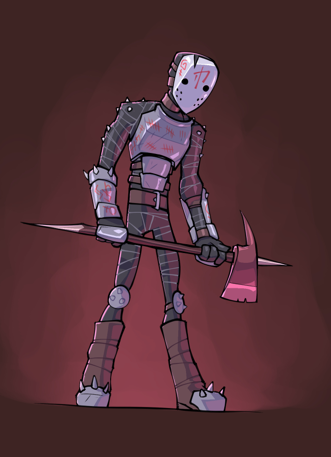 armor armor_plates axe belt bigdad dark_clothing finn_talbert_(bigdad) hazbin_hotel holding_object holding_weapon human human_only light lighting male mammal markings mask not_furry shaded simple_background solo spikes standing weapon